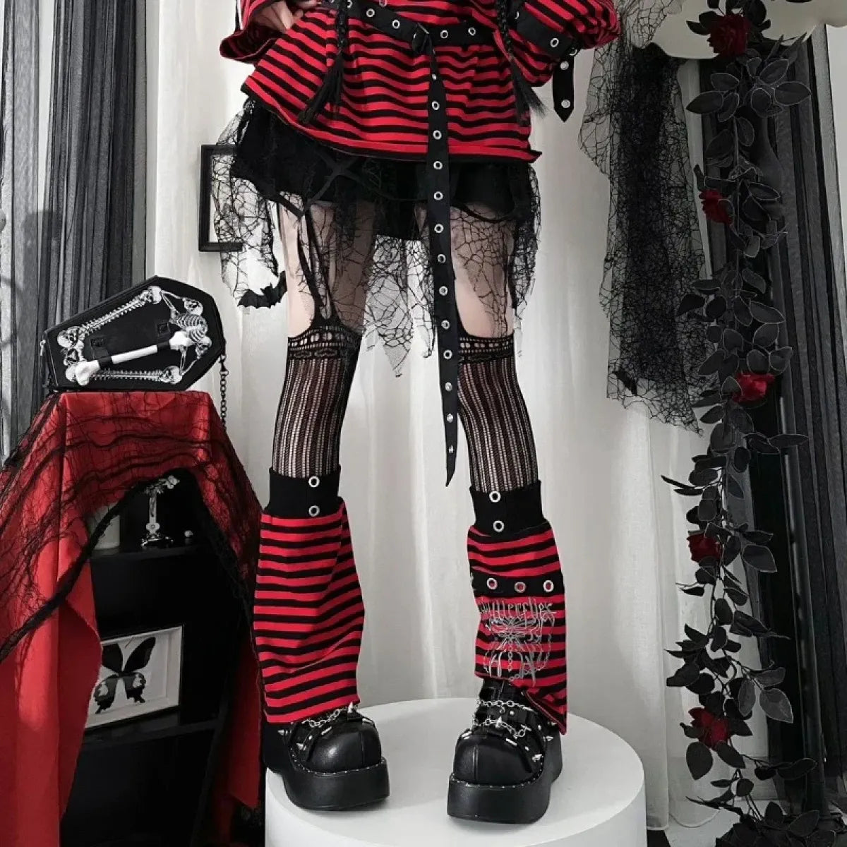 Striped Gothic Punk Top & Leg Warmers – Harajuku Y2K Grunge - Harajuku Style - Long - Asymmetric - Clothing Sets - 5