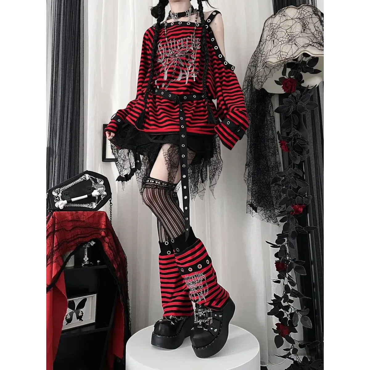 Striped Gothic Punk Top & Leg Warmers – Harajuku Y2K Grunge - Harajuku Style - Long - Asymmetric - Clothing Sets - 2