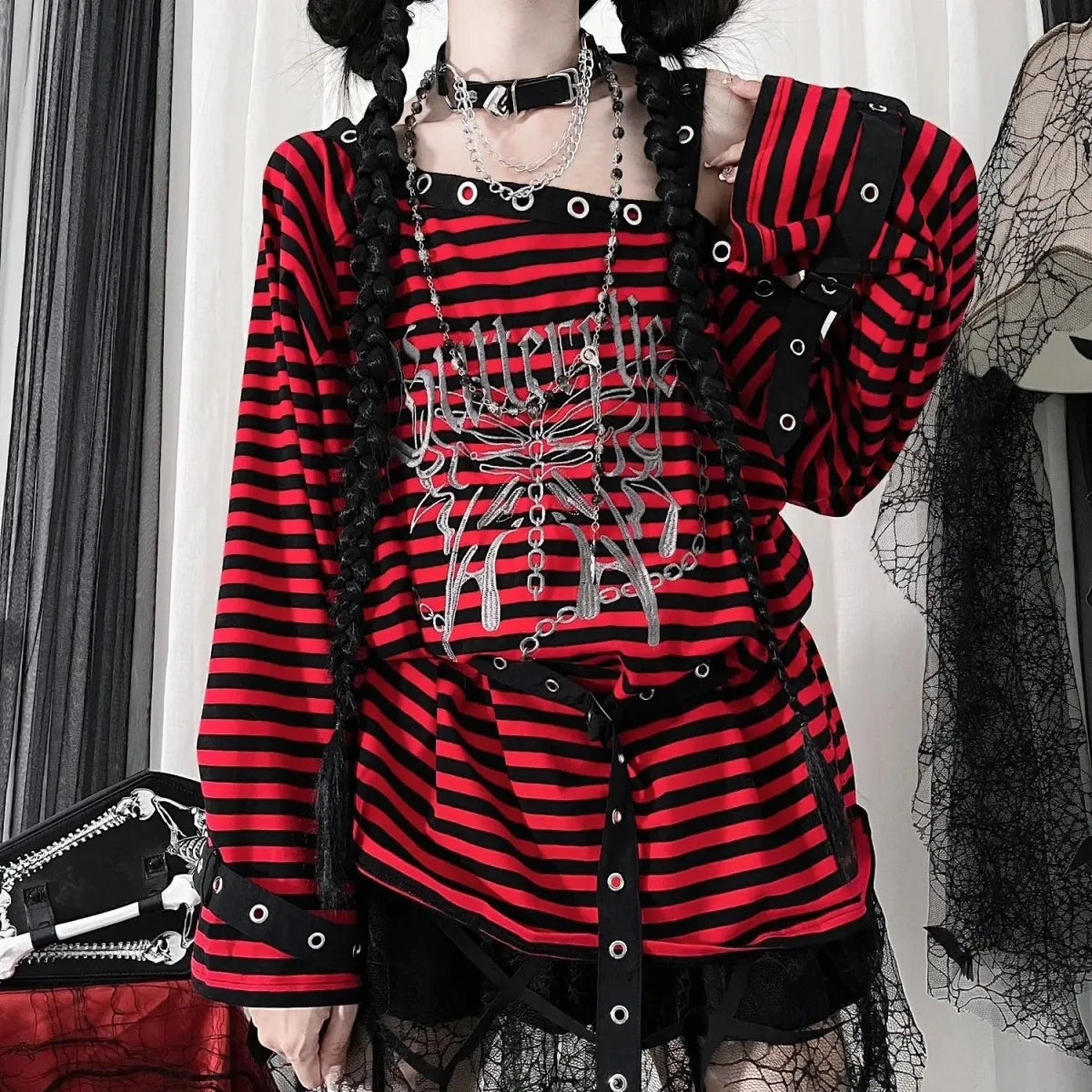 Striped Gothic Punk Top & Leg Warmers – Harajuku Y2K Grunge - Harajuku Style - Long - Asymmetric - Clothing Sets - 3