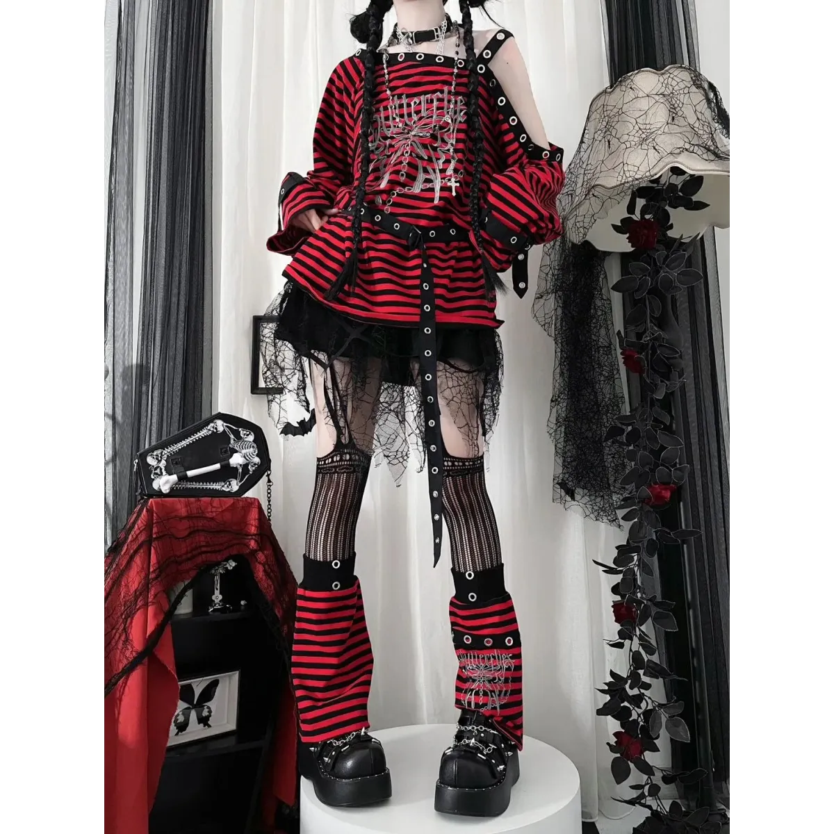 Striped Gothic Punk Top & Leg Warmers – Harajuku Y2K Grunge - Harajuku Style - Long - Asymmetric - Clothing Sets - 1