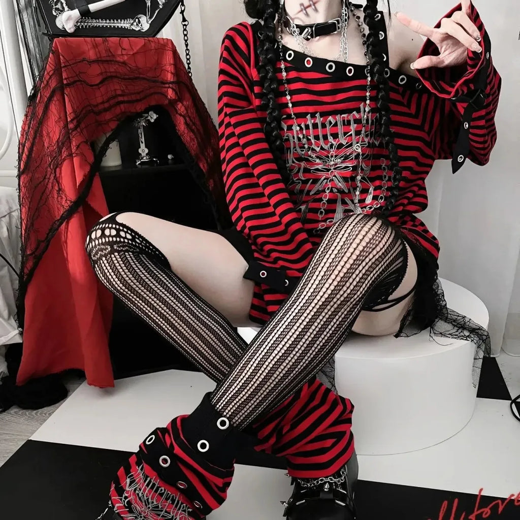 Striped Gothic Punk Top & Leg Warmers – Harajuku Y2K Grunge - Harajuku Style - Long - Asymmetric - Clothing Sets - 4