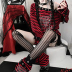 Striped Gothic Punk Top & Leg Warmers – Harajuku Y2K Grunge - Harajuku Style - Long - Asymmetric - Clothing Sets - 4