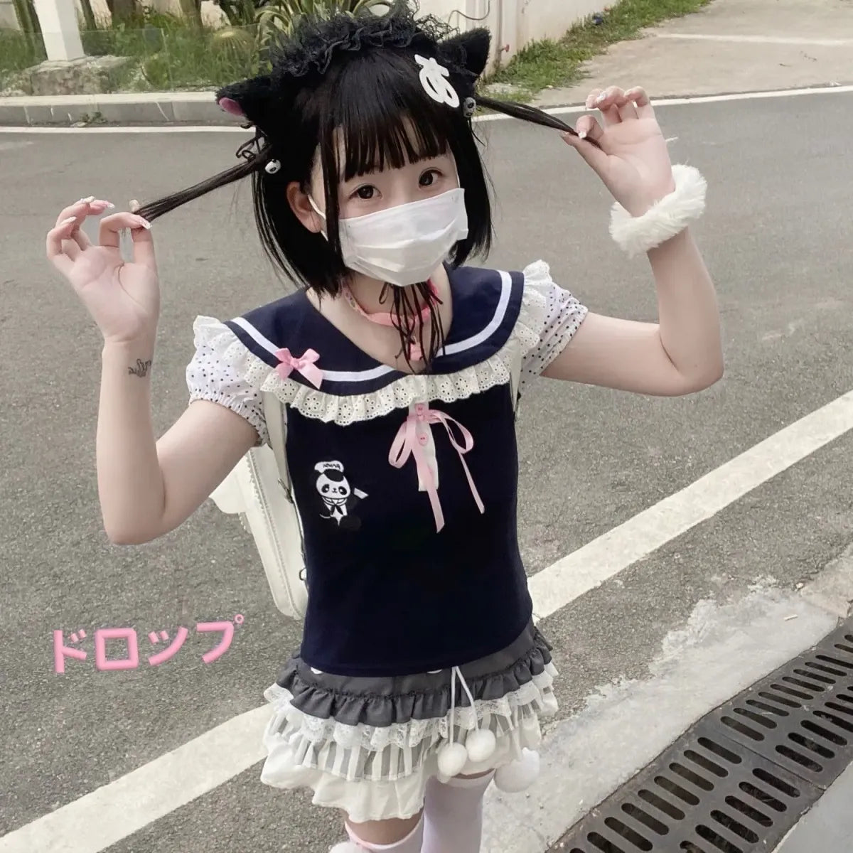 Kawaii Panda Embroidered Sailor Top – Harajuku Y2K Lace Tee - T-Shirts - Short - Round - Tops - 1