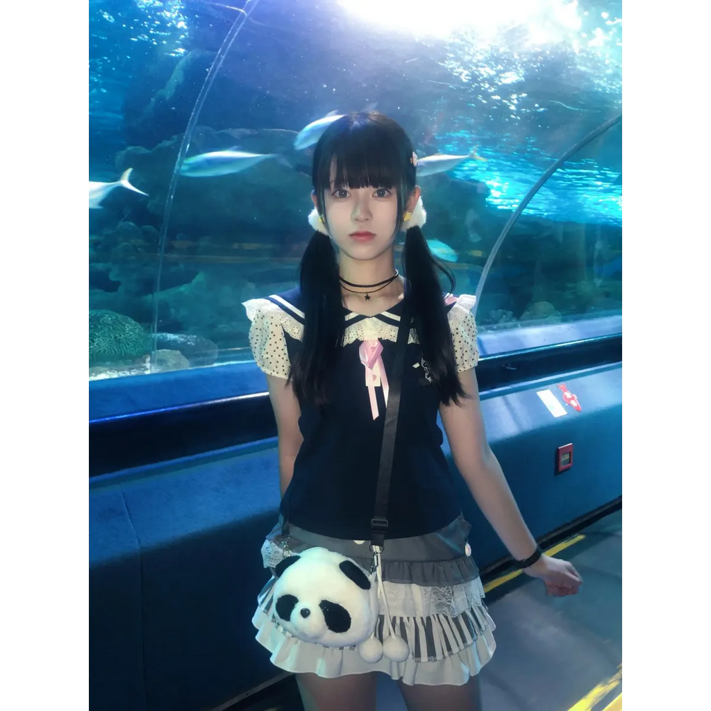 Kawaii Panda Embroidered Sailor Top – Harajuku Y2K Lace Tee - T-Shirts - Short - Round - Tops - 3