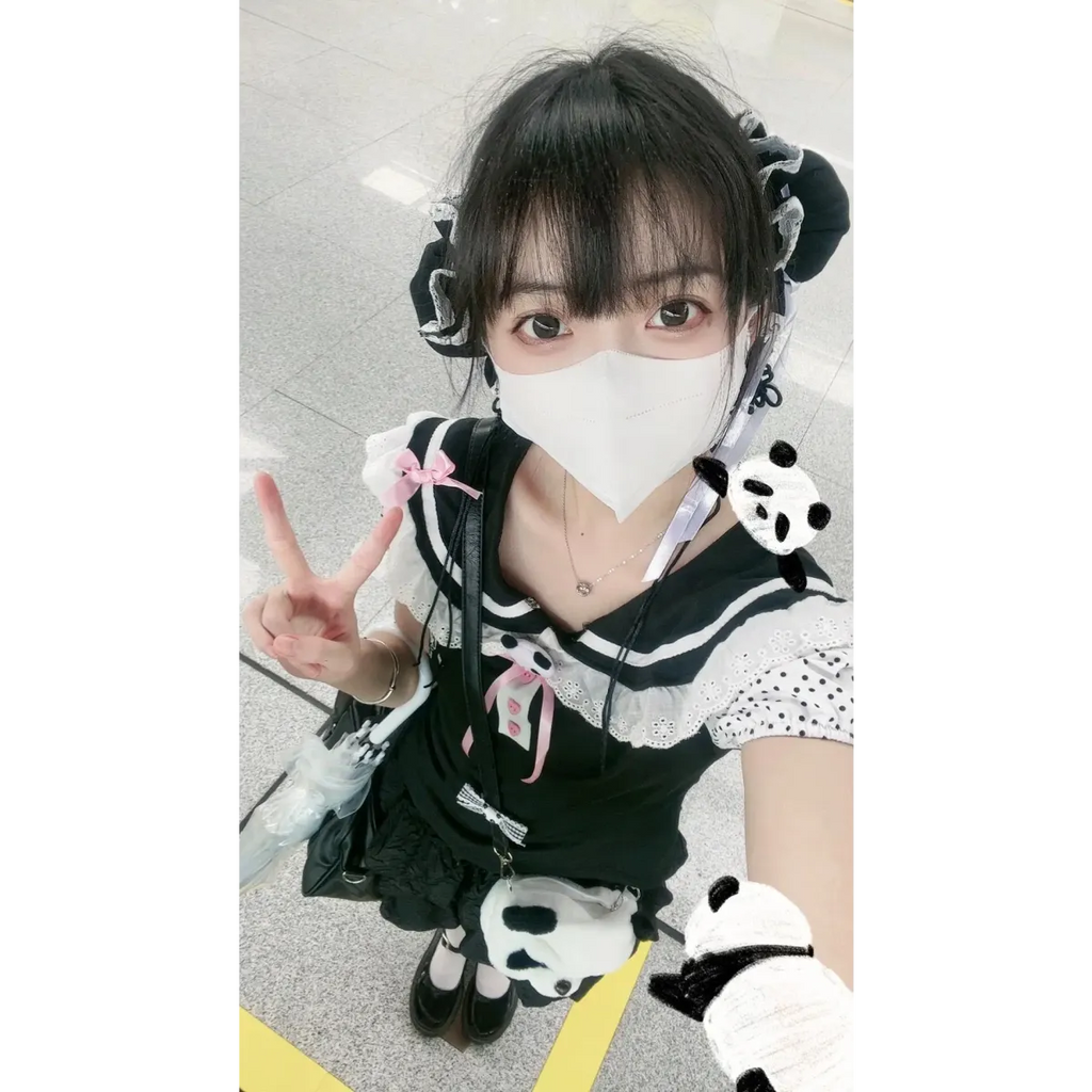 Kawaii Panda Embroidered Sailor Top – Harajuku Y2K Lace Tee - T-Shirts - Short - Round - Tops - 4