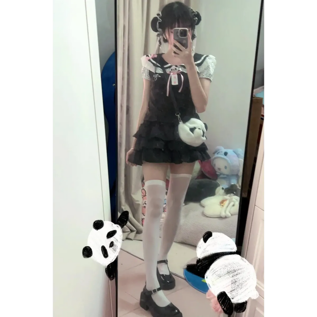 Kawaii Panda Embroidered Sailor Top – Harajuku Y2K Lace Tee - T-Shirts - Short - Round - Tops - 5