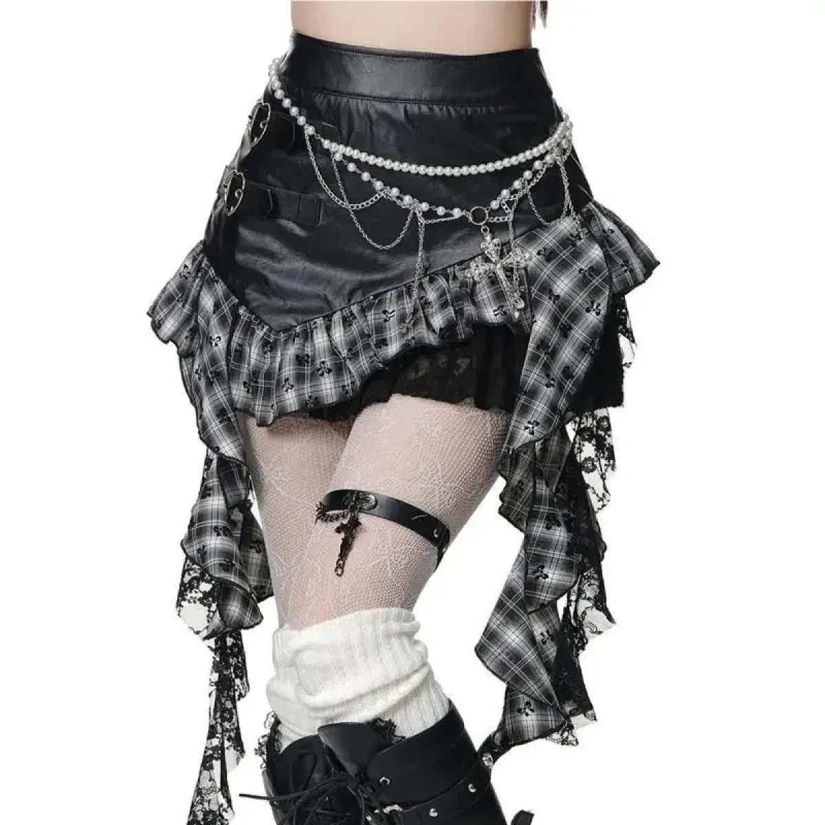 Plaid Gothic PU Leather Skirt – Harajuku Y2K Lace Aesthetic - Bottoms - Skirts - 3