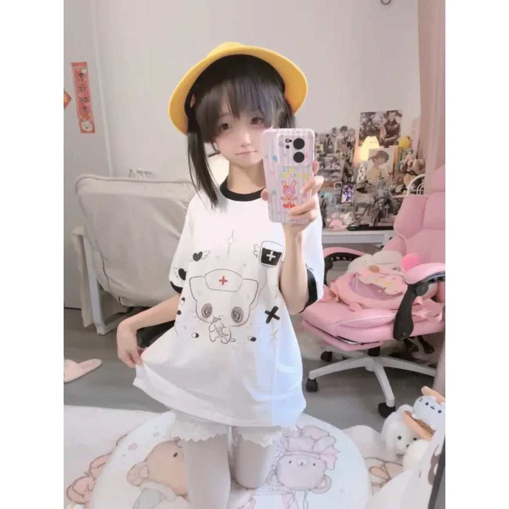Kawaii Nurse Bear Oversized Tee – Harajuku Y2K Pastel Shirt - T-Shirts - 3/4 - Round - T-Shirts - 2