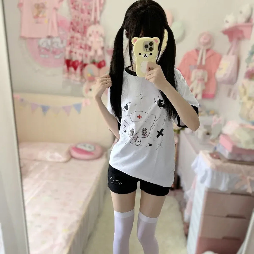 Kawaii Nurse Bear Oversized Tee – Harajuku Y2K Pastel Shirt - T-Shirts - 3/4 - Round - T-Shirts - 4