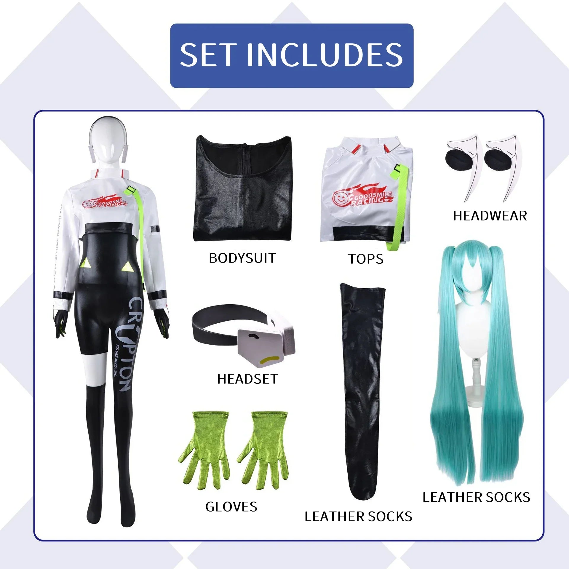 Hatsune Miku Racing 2022 Cosplay Costume – Full Bodysuit with Wig and Gloves - Costume and Wig / XS - Anime