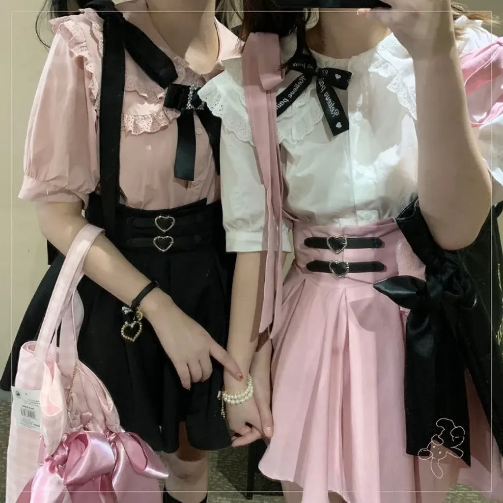 Kawaii Lolita Heart Buckle Pleated Suspender Skirt - Bottoms - Pleated Skirt - 3