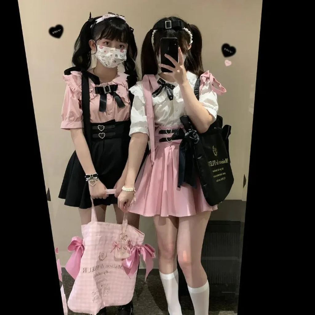 Kawaii Lolita Heart Buckle Pleated Suspender Skirt - Bottoms - Pleated Skirt - 5