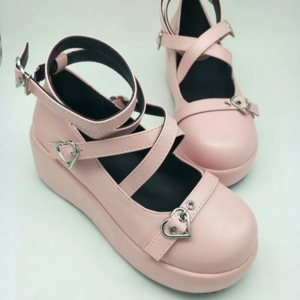 Heart Buckle Wedges Mary Janes Chunky Lolita - Light Pink / 35 - All Products - Shoes - 10 - 2024