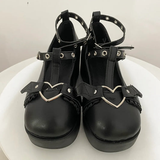 Heart Buckle Wedges Mary Janes Chunky Lolita - All Products - Shoes - 2 - 2024