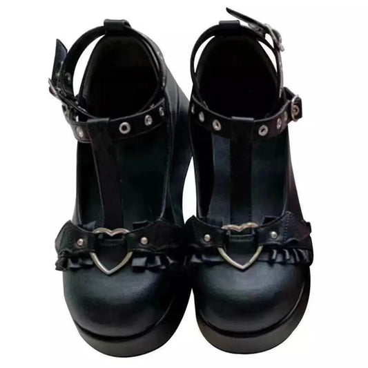 Heart Buckle Wedges Mary Janes Chunky Lolita - Black / 35 - All Products - Shoes - 7 - 2024