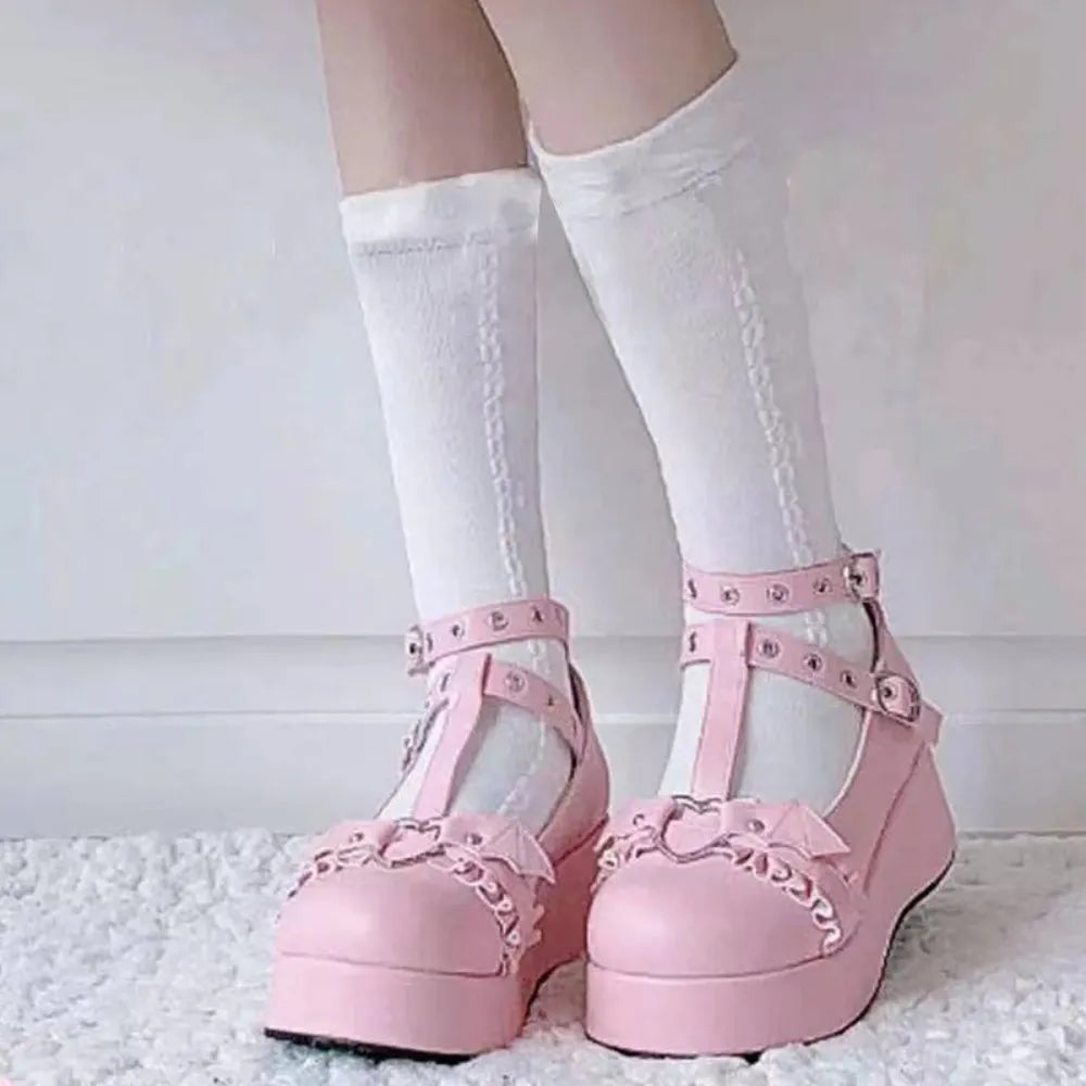 Heart Buckle Wedges Mary Janes Chunky Lolita - Pink / 35 - All Products - Shoes - 8 - 2024