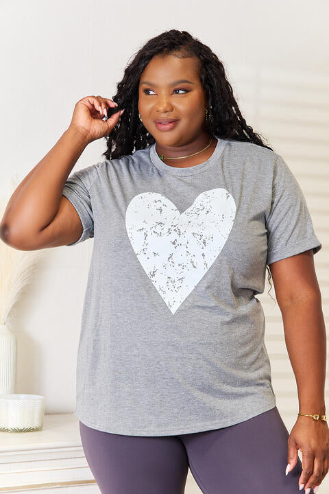 Heart Graphic Cuffed Short Sleeve T-Shirt - Heather Gray / S - T-Shirts - Shirts & Tops - 1 - 2024