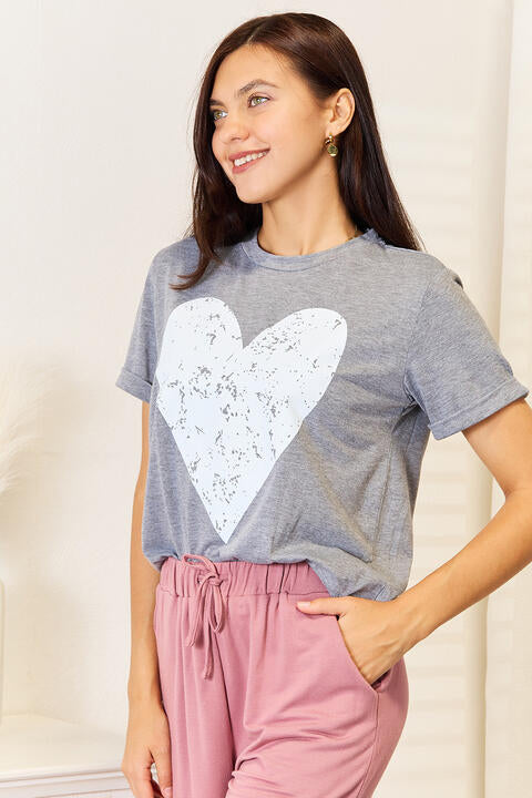 Heart Graphic Cuffed Short Sleeve T-Shirt - T-Shirts - Shirts & Tops - 6 - 2024