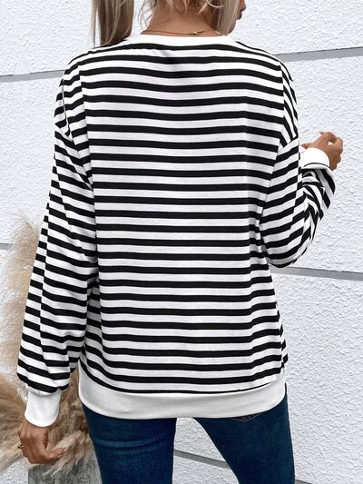 Heart Patch Striped Round Neck Long Sleeve Sweatshirt - T-Shirts - Shirts & Tops - 2 - 2024