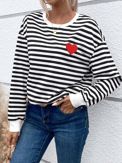 Heart Patch Striped Round Neck Long Sleeve Sweatshirt - T-Shirts - Shirts & Tops - 5 - 2024