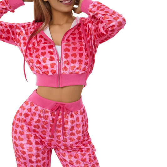 Pink Heart Print Velour Set – Zip-Up Hoodie & Drawstring Pants - Bottoms - Loungewear - 2025 - 1 - Worldwide Shipping