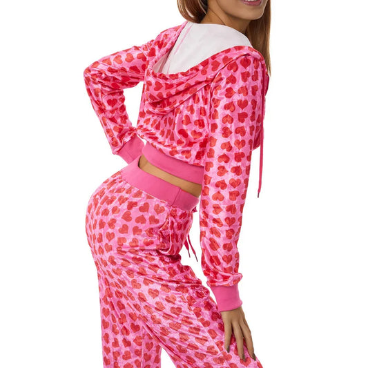 Pink Heart Print Velour Set – Zip-Up Hoodie & Drawstring Pants - Bottoms - Loungewear - 2025 - 2 - Worldwide Shipping