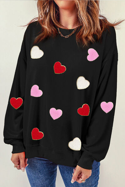 Heart Round Neck Dropped Shoulder Sweatshirt - Black / S - T-Shirts - Shirts & Tops - 1 - 2024