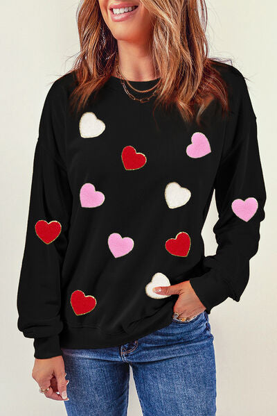 Heart Round Neck Dropped Shoulder Sweatshirt - T-Shirts - Shirts & Tops - 3 - 2024