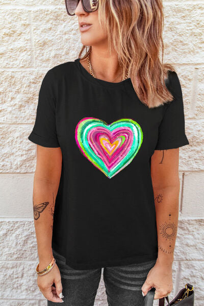 Heart Round Neck Short Sleeve T-Shirt - T-Shirts - Shirts & Tops - 3 - 2024