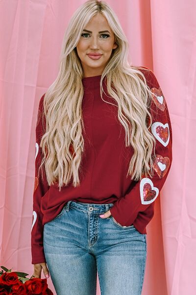 Heart Sequin Round Neck Long Sleeve T-Shirt - T-Shirts - Shirts & Tops - 2 - 2024