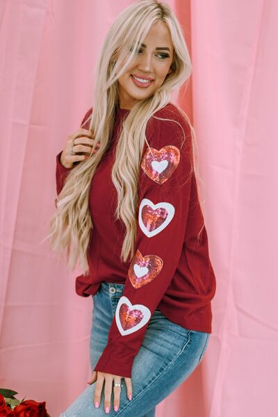 Heart Sequin Round Neck Long Sleeve T-Shirt - T-Shirts - Shirts & Tops - 4 - 2024