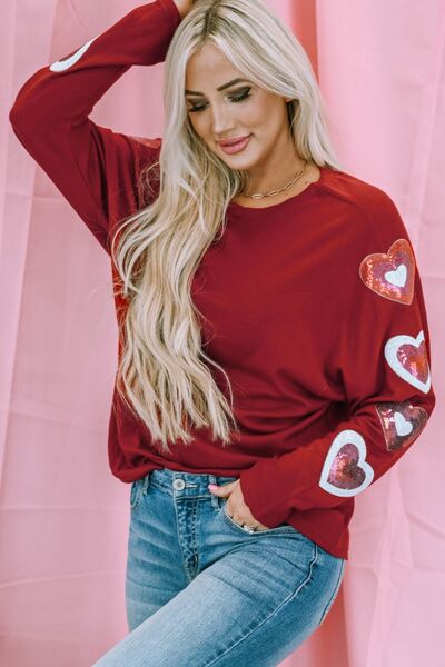 Heart Sequin Round Neck Long Sleeve T-Shirt - T-Shirts - Shirts & Tops - 5 - 2024