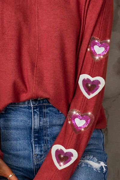 Heart Sequin Round Neck Long Sleeve T-Shirt - T-Shirts - Shirts & Tops - 9 - 2024