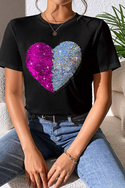 Heart Sequin Round Neck Short Sleeve T-Shirt - T-Shirts - Shirts & Tops - 4 - 2024