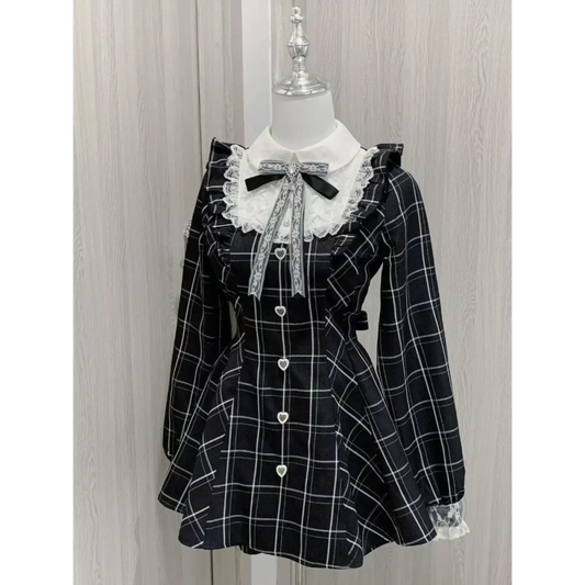 Lolita Plaid Lace Trim Dress - All Dresses - Long - Round - Dress - 1