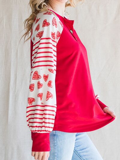 Heart Striped Quarter Button Long Sleeve T-Shirt - T-Shirts - Shirts & Tops - 3 - 2024