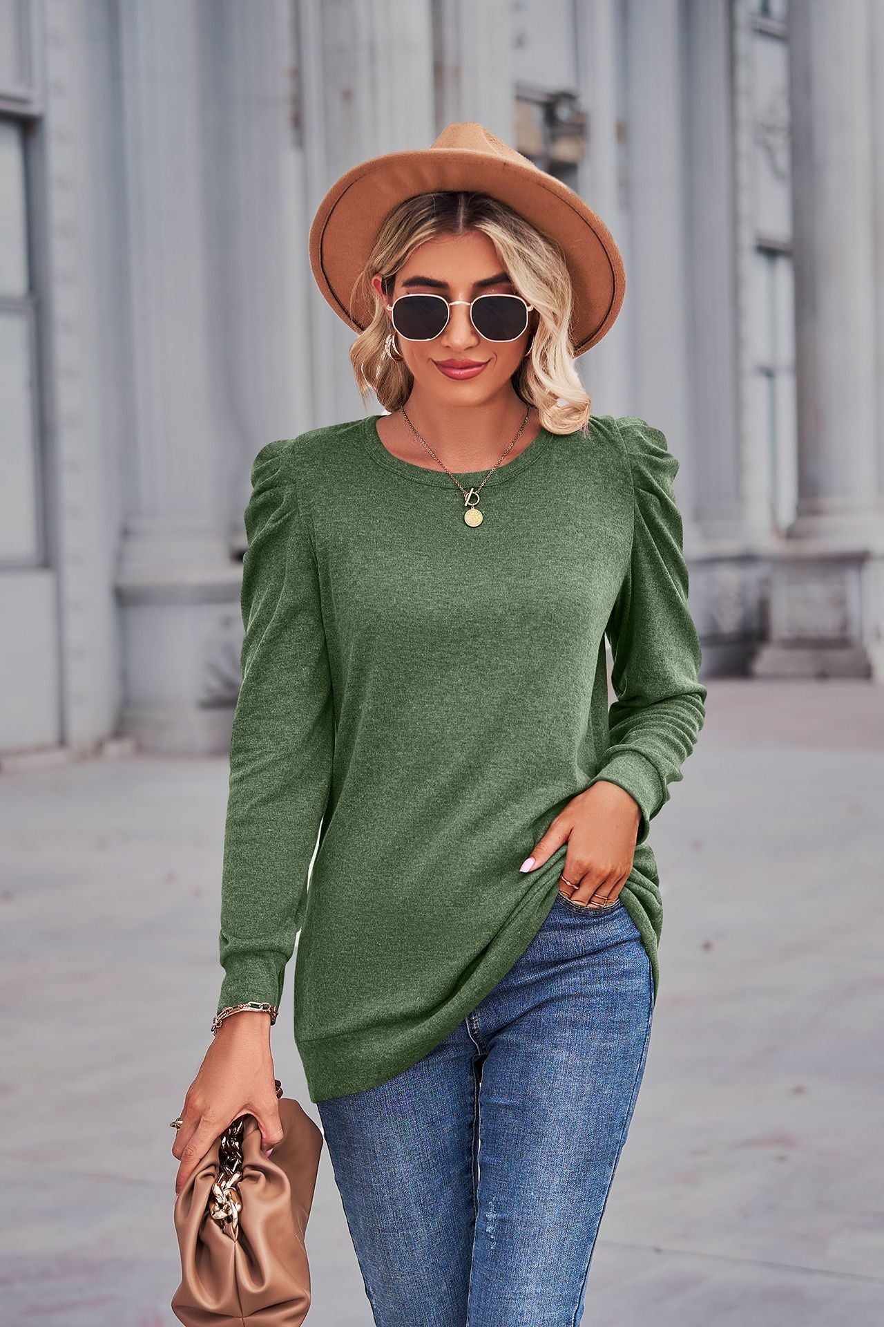 Heathered Puff Sleeve Round Neck Tunic Top - T-Shirts - Shirts & Tops - 10 - 2024