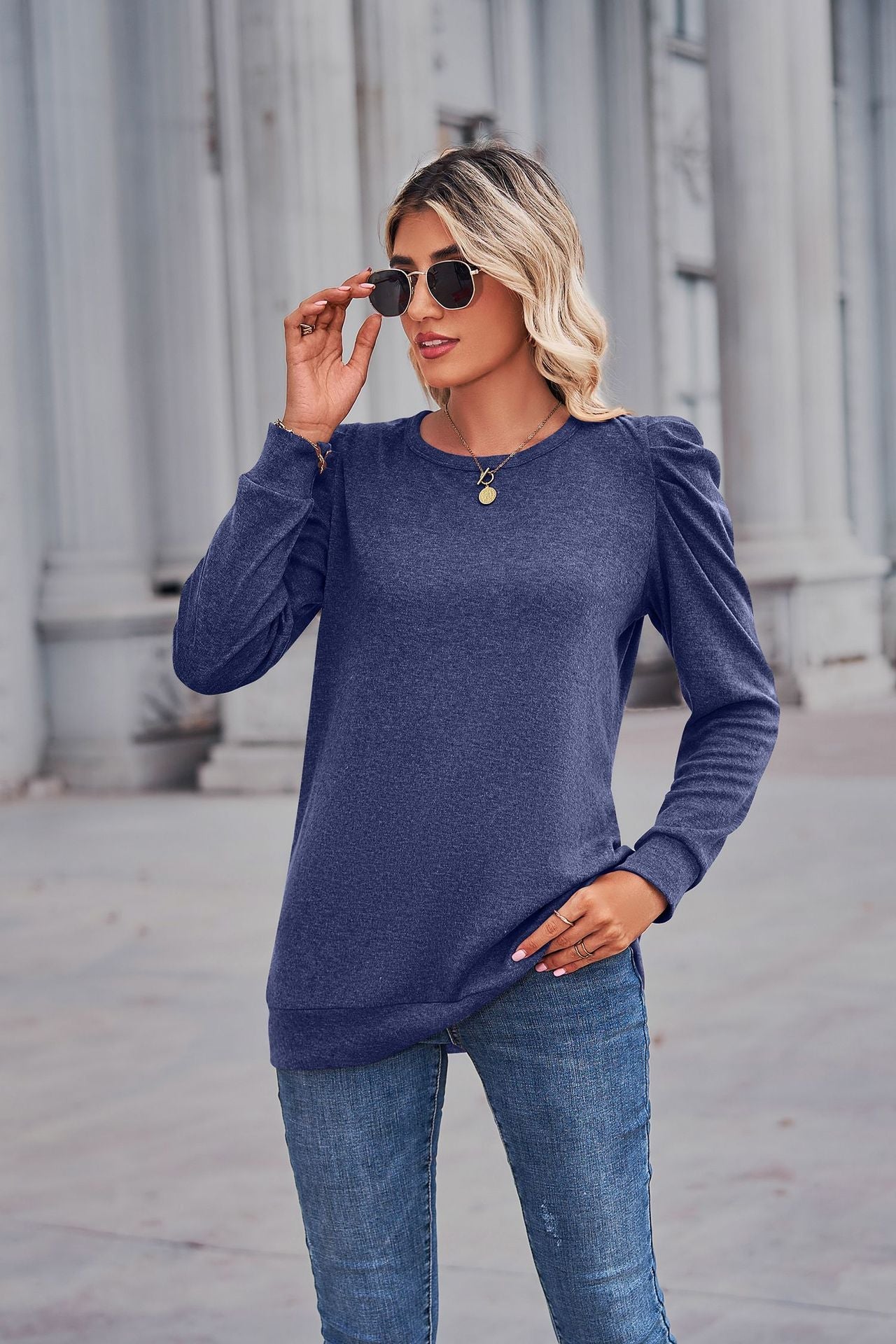 Heathered Puff Sleeve Round Neck Tunic Top - T-Shirts - Shirts & Tops - 13 - 2024