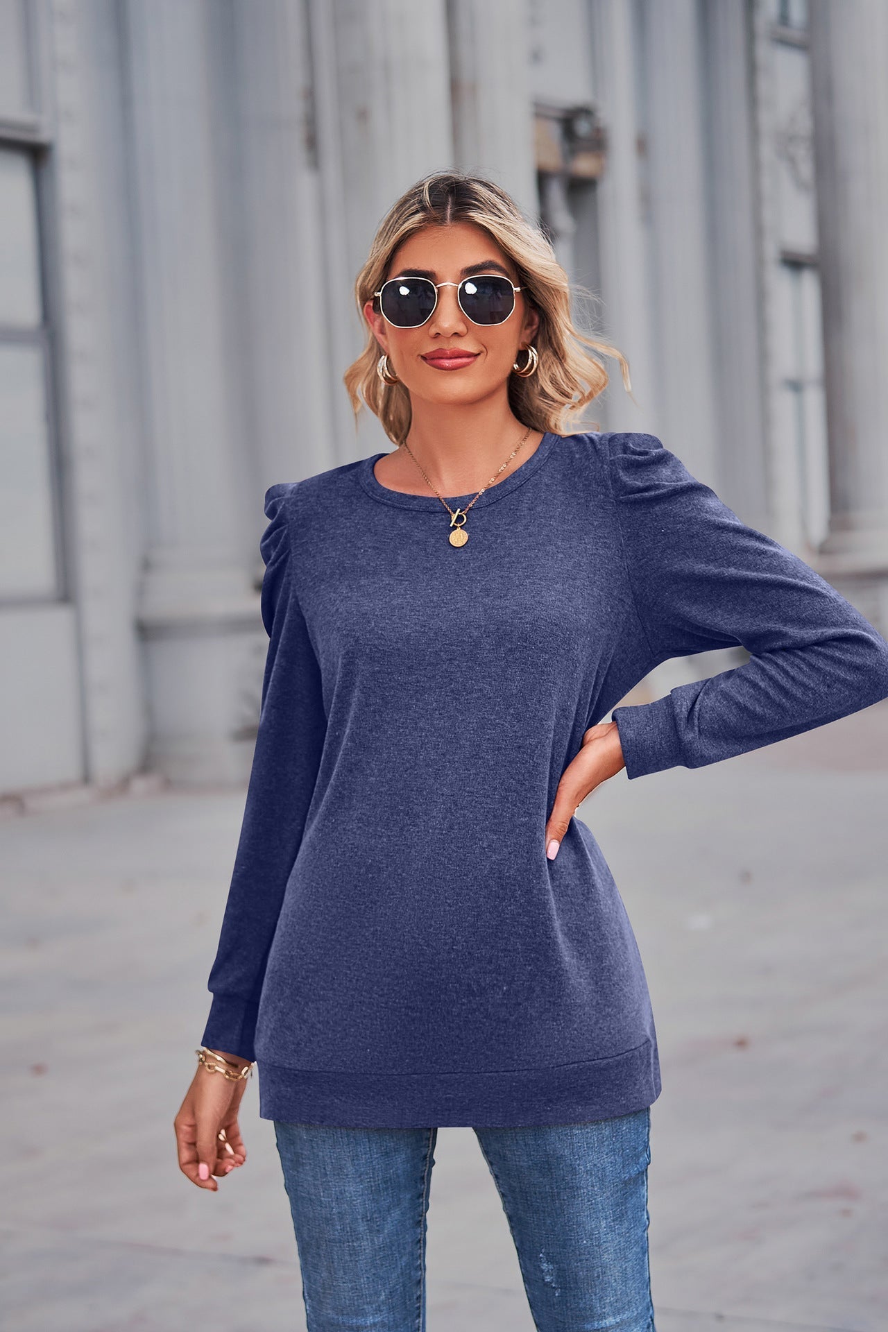 Heathered Puff Sleeve Round Neck Tunic Top - T-Shirts - Shirts & Tops - 14 - 2024