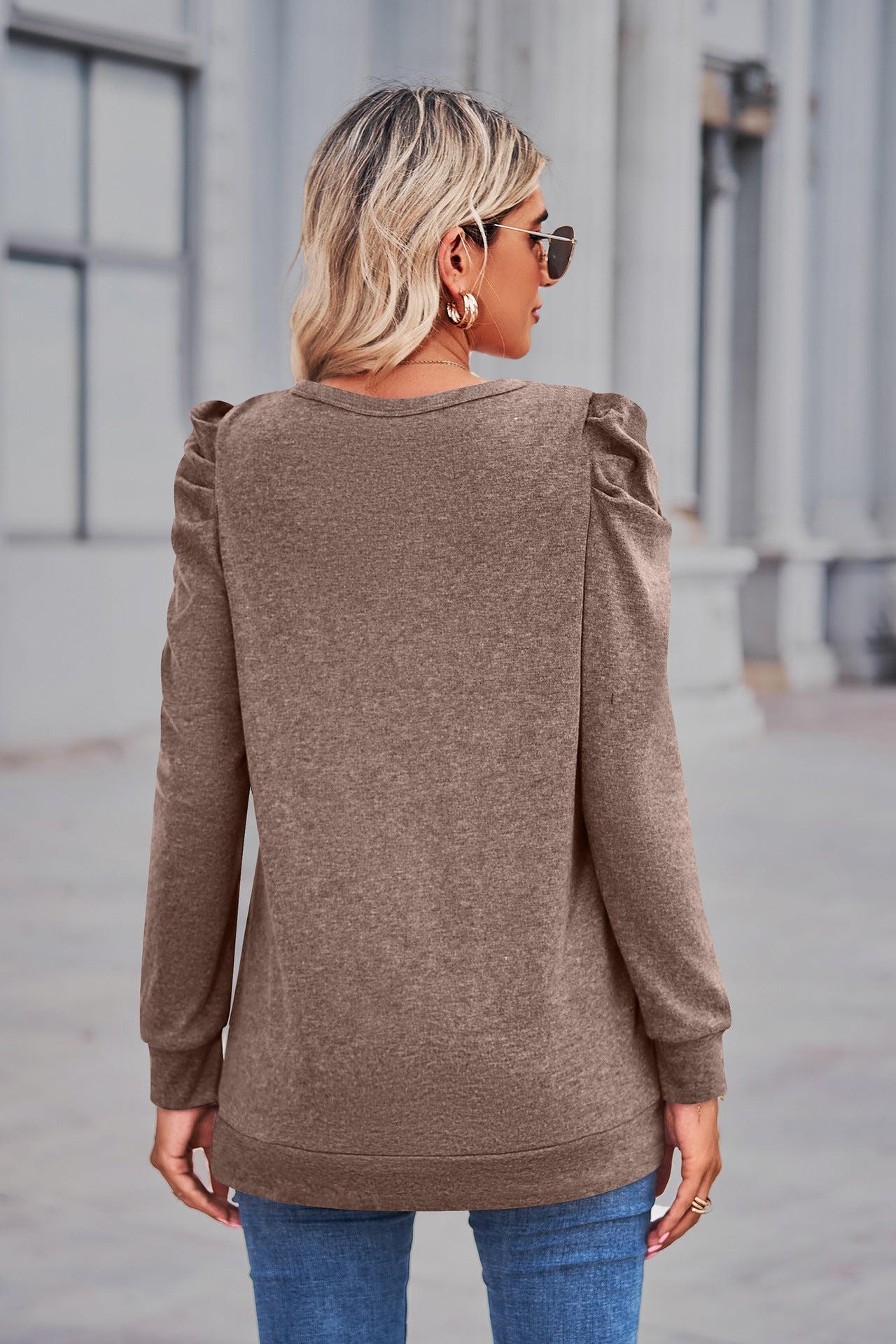 Heathered Puff Sleeve Round Neck Tunic Top - T-Shirts - Shirts & Tops - 2 - 2024