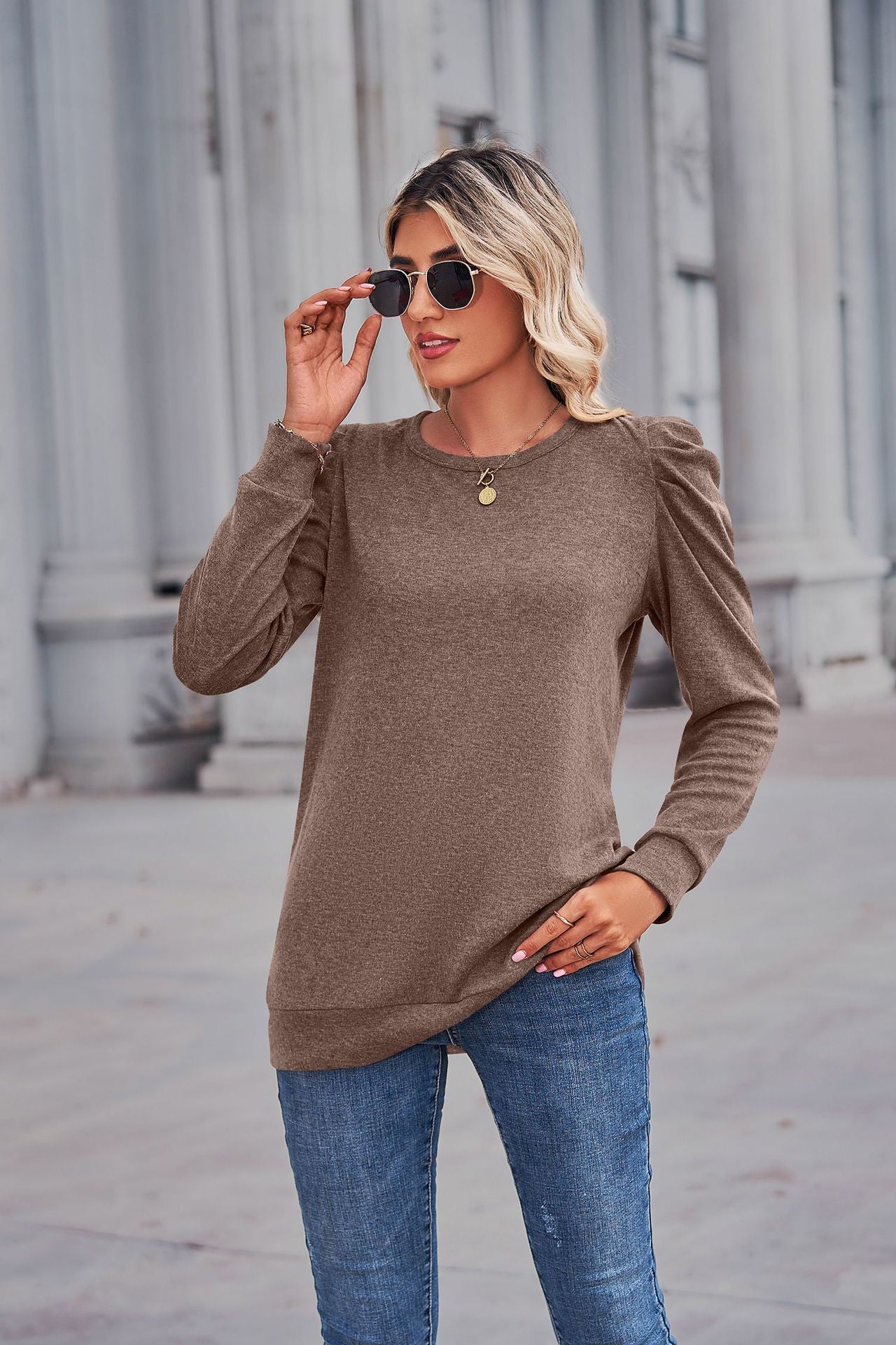 Heathered Puff Sleeve Round Neck Tunic Top - T-Shirts - Shirts & Tops - 4 - 2024