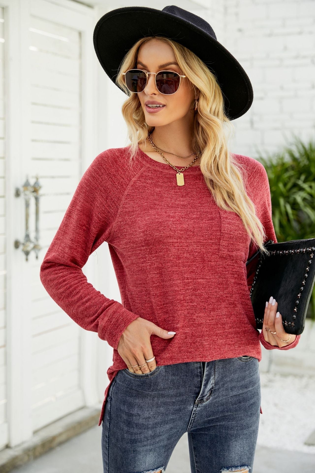 Heathered Slit Long Raglan Sleeve Top - T-Shirts - Shirts & Tops - 15 - 2024