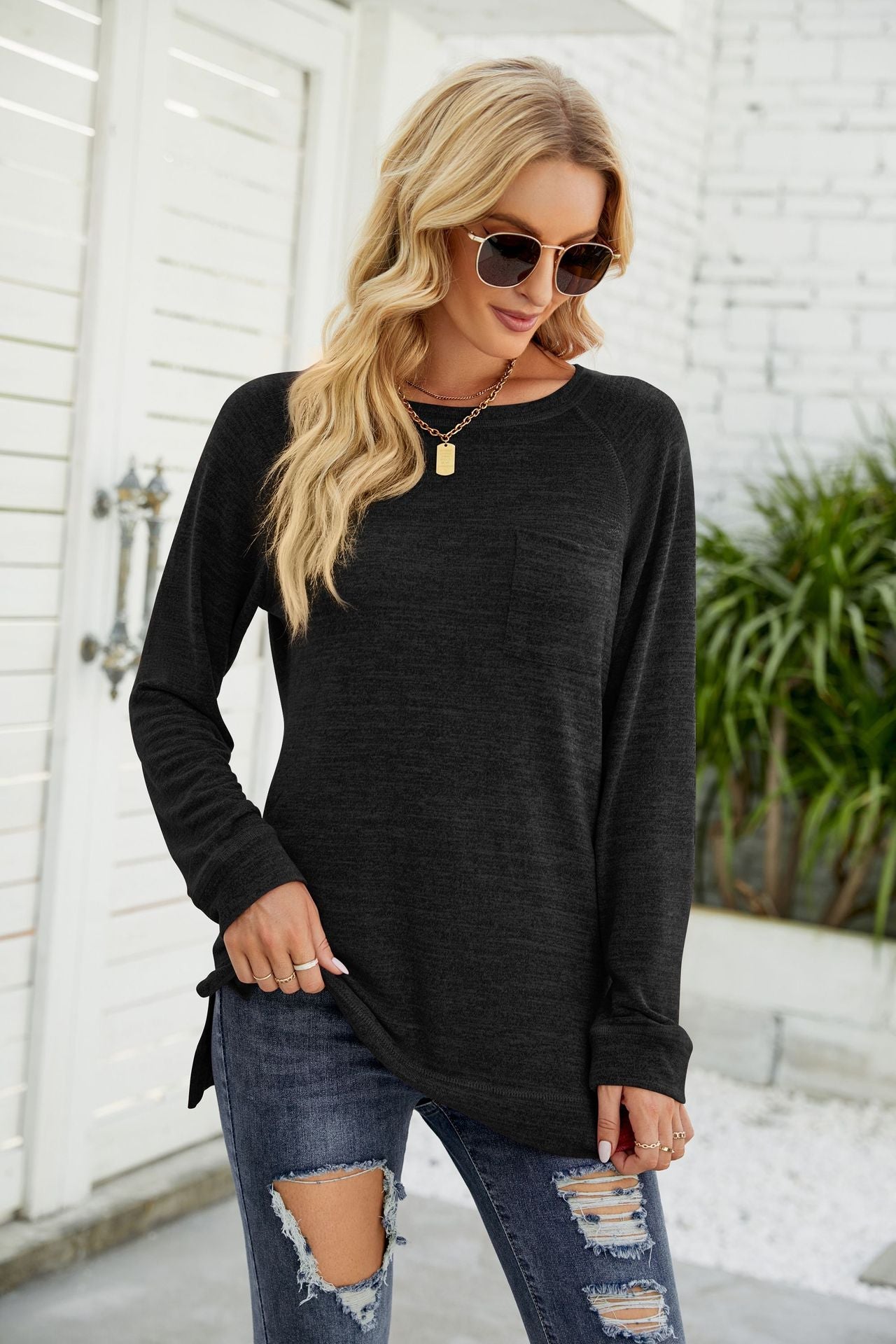 Heathered Slit Long Raglan Sleeve Top - T-Shirts - Shirts & Tops - 6 - 2024