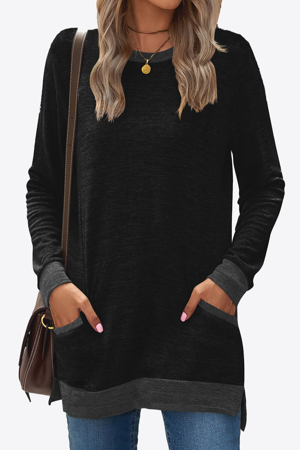 Heathered Slit Top with Pockets - Black / S - T-Shirts - Shirts & Tops - 16 - 2024