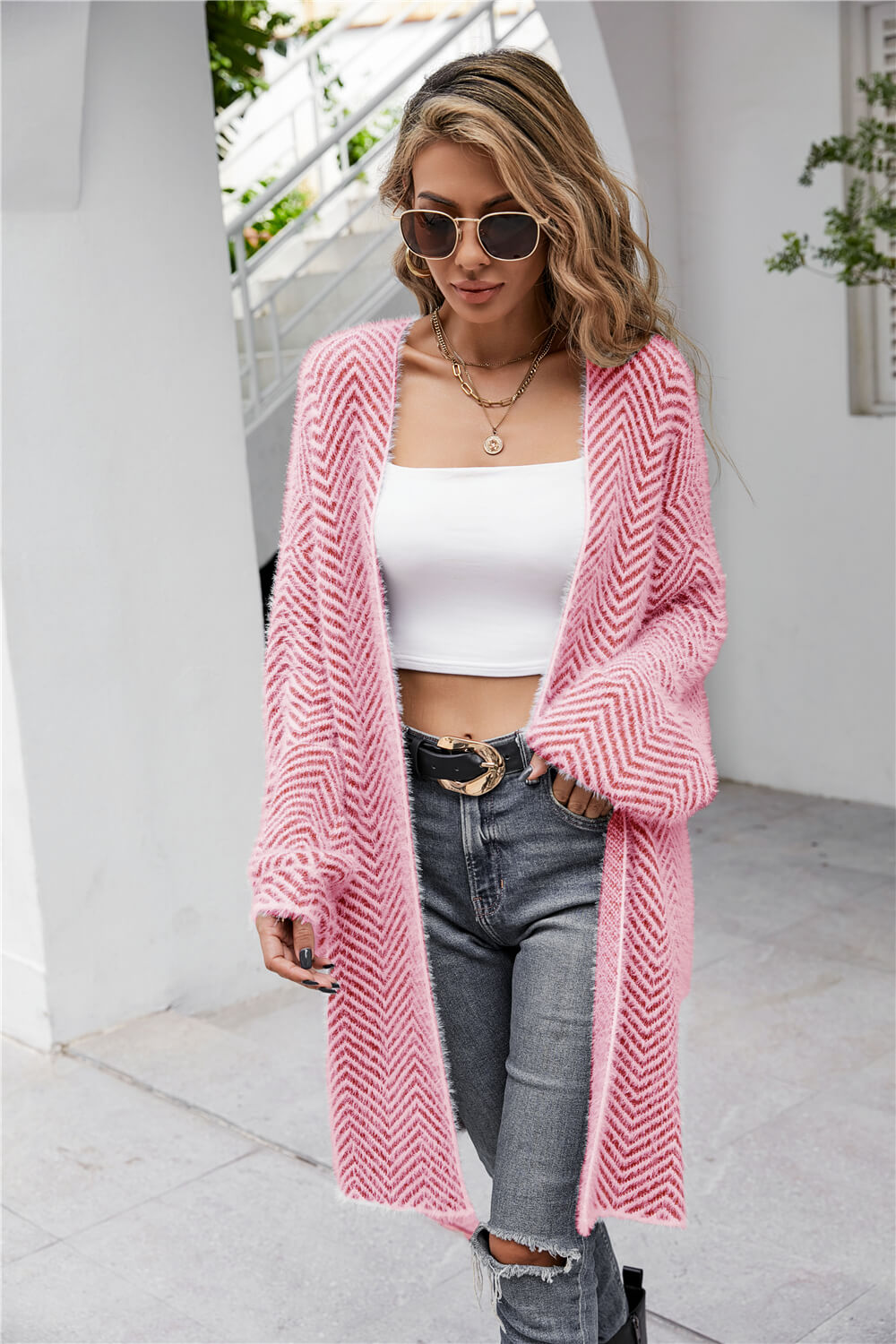 Herringbone Pattern Open Front Longline Fuzzy Cardigan - Red / S - Women’s Clothing & Accessories - Shirts & Tops