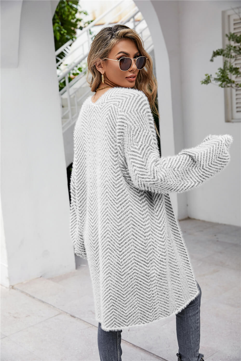 Herringbone Pattern Open Front Longline Fuzzy Cardigan - Women’s Clothing & Accessories - Shirts & Tops - 10 - 2024