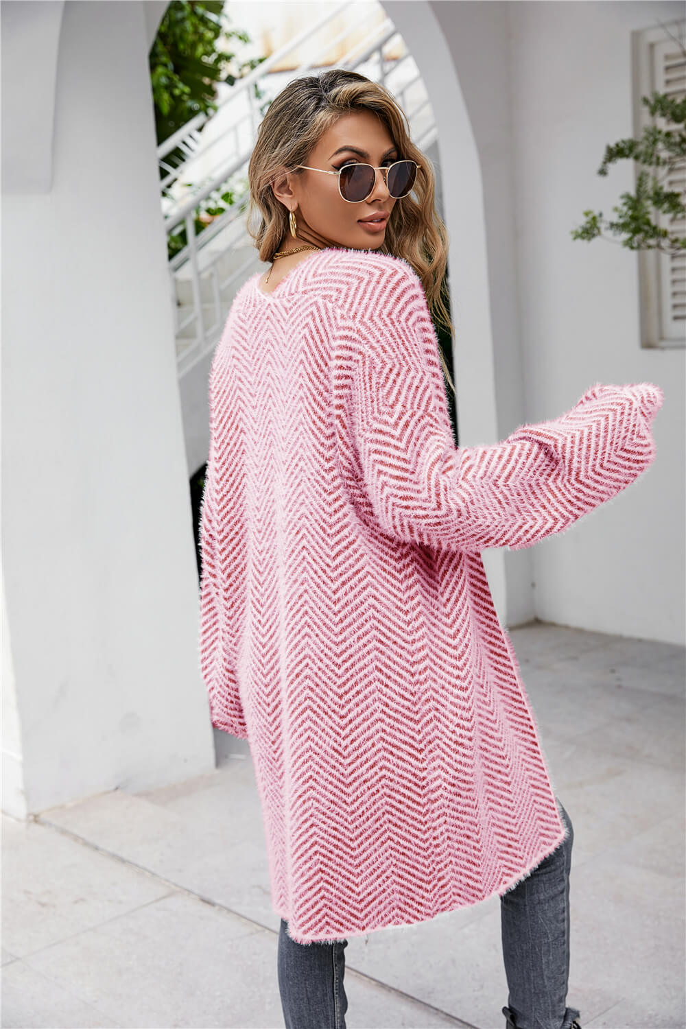 Herringbone Pattern Open Front Longline Fuzzy Cardigan - Women’s Clothing & Accessories - Shirts & Tops - 19 - 2024