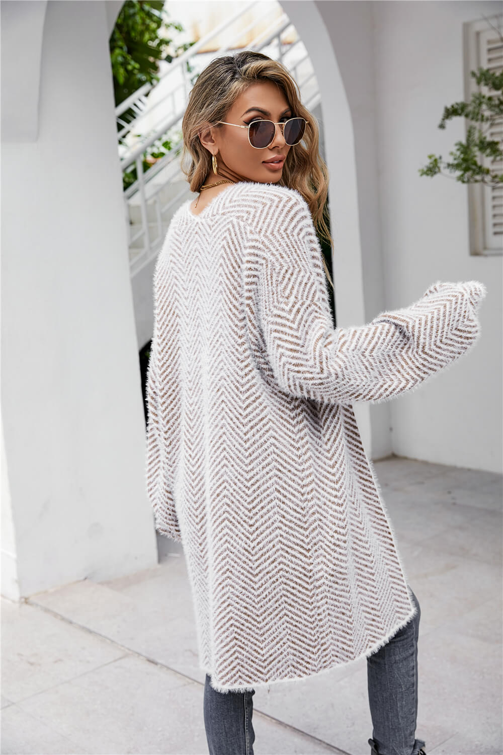 Herringbone Pattern Open Front Longline Fuzzy Cardigan - Women’s Clothing & Accessories - Shirts & Tops - 13 - 2024