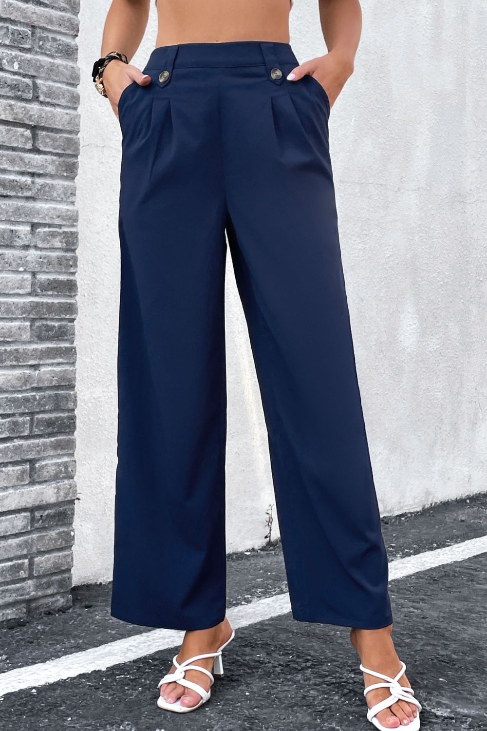 High-Rise Pleated Waist Wide Leg Pants - Blue / S - Bottoms - Pants - 1 - 2024