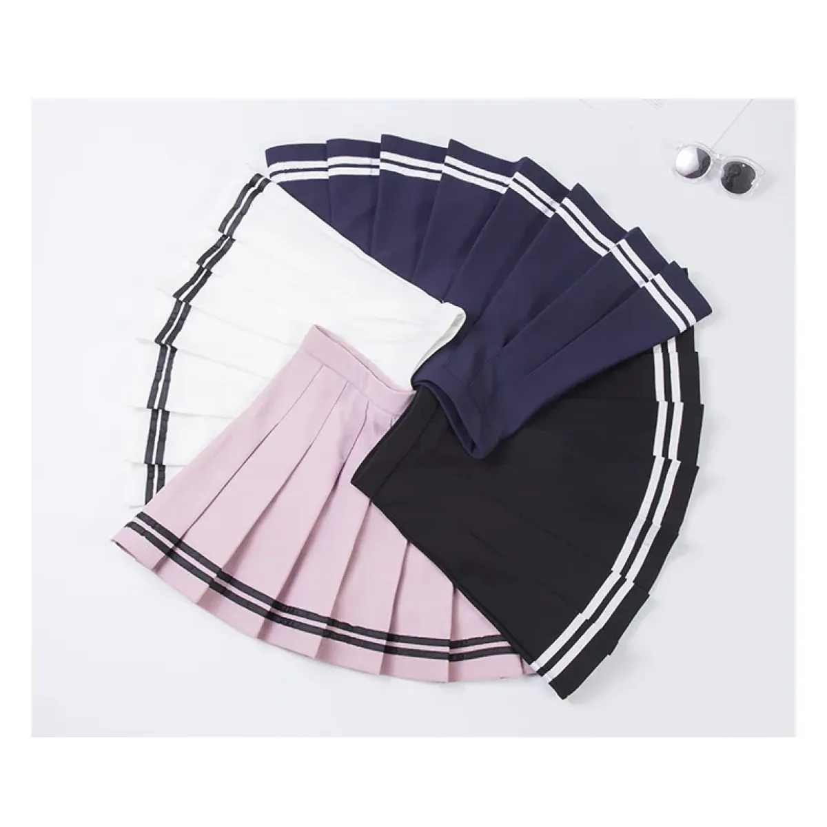 High Waist Korean Pleated Skirt – Patchwork Striped Tennis Skirt for Women - Bottoms - Skirts - 2